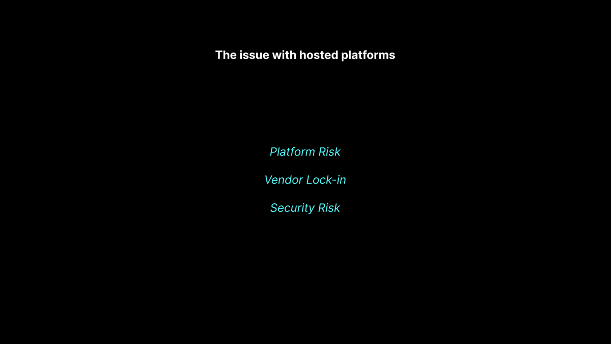 13/ ...these issues are now, just bubbling under the surface, but as software development continues to eat the world, we'll see these problems become critical points of failure if not solved.The issues fall into three categories: platform risk, vendor lock-in, and security risk