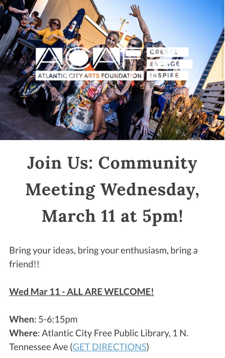 acpublicarts's tweet photo. This Wednesday: Let your voices be heard and join the movement to create the arts in #AtlanticCity! RSVP: https://t.co/UYVDSceXge #create48 @AtlanticCityLib @AtlanticCityGov https://t.co/G7At4xstTw