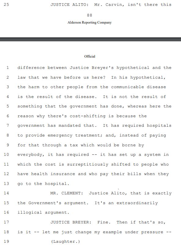 And here's Alito coming to the rescue of that lawyer because his horrifying answer to Breyer's epidemic hypo could have threatened the conservative effort to kill Obamacare's individual mandate