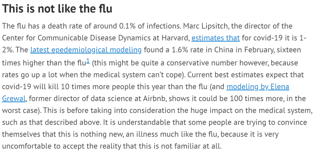 Epidemiologists are experts in studying the spread and impact of disease. Their modeling shows that covid-19 is not at all like the flu.Don't let people who aren't familiar with epidemiology tell you otherwise. Modeling diseases is not intuitive, and needs proper tools.4/