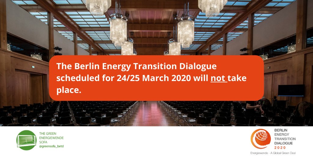 greensofa_betd's tweet photo. 📢 Heavy-hearted we cancel the Berlin Energy Transition Dialogue 2020. To ensure security to our participants &amp; ministers we see it as our responsibility to reduce all risks &amp; cancel #betd2020 due to #COVIDー19.

@GermanyDiplo @BMWi_Bund 

➡ https://t.co/XSv6e3eNm0 https://t.co/1iRzcyCQGW