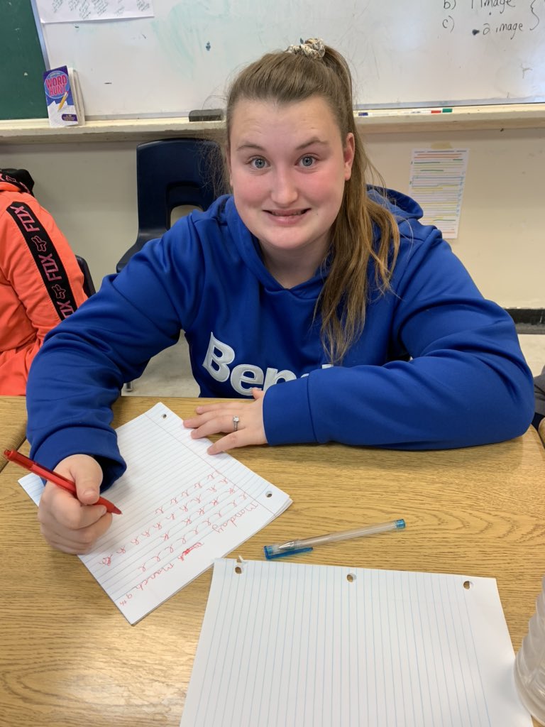 MsKae_Blancher's tweet photo. Kicking it old school in literacy class! #cursivewriting One male student says, I never thought I could do this - with a big smile on his face! #literacy #stillimportant #suchgrowth @HelsbyHill @wynkerr @ndsshawks https://t.co/zVJZKwj4Fk