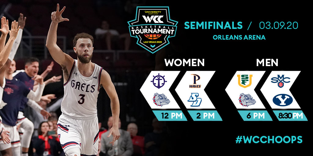 WCChoops's tweet photo. The top two seeds join the fray as we've reached the #WCChoops Semifinals!

12pm - @PortlandWBB / @ZagWBB
2pm - @WavesHoops / @USDwbb
6pm - @USFDonsMBB / @ZagMBB (ESPN)
8:30pm - @SaintMarysHoops / BYUBasketball (ESPN2) https://t.co/5UKWLCfHmA