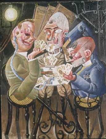 DisabilityHistr's tweet photo. Otto Dix’s work is a scathing, unflinching condemnation of conflict.

Dix had been a gunner in the German army, 1914-18.

His ‘Card Playing War Cripples’, c.1920, features amputees, facial disfigurement, prosthetics and cyborg-like soldiers.

#DisHist #arthistory #histmed #WWI https://t.co/6zjILxjlzY