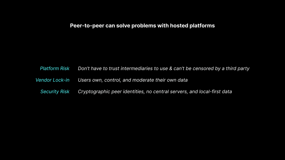 21/ Peer-to-peer can solve *a lot* of the issues of hosted platforms.- There's no platform risk bc you don't have to trust intermediaries- There's no vendor lock-in bc users control, moderate and own their data- There's less security risk, bc there's no central servers