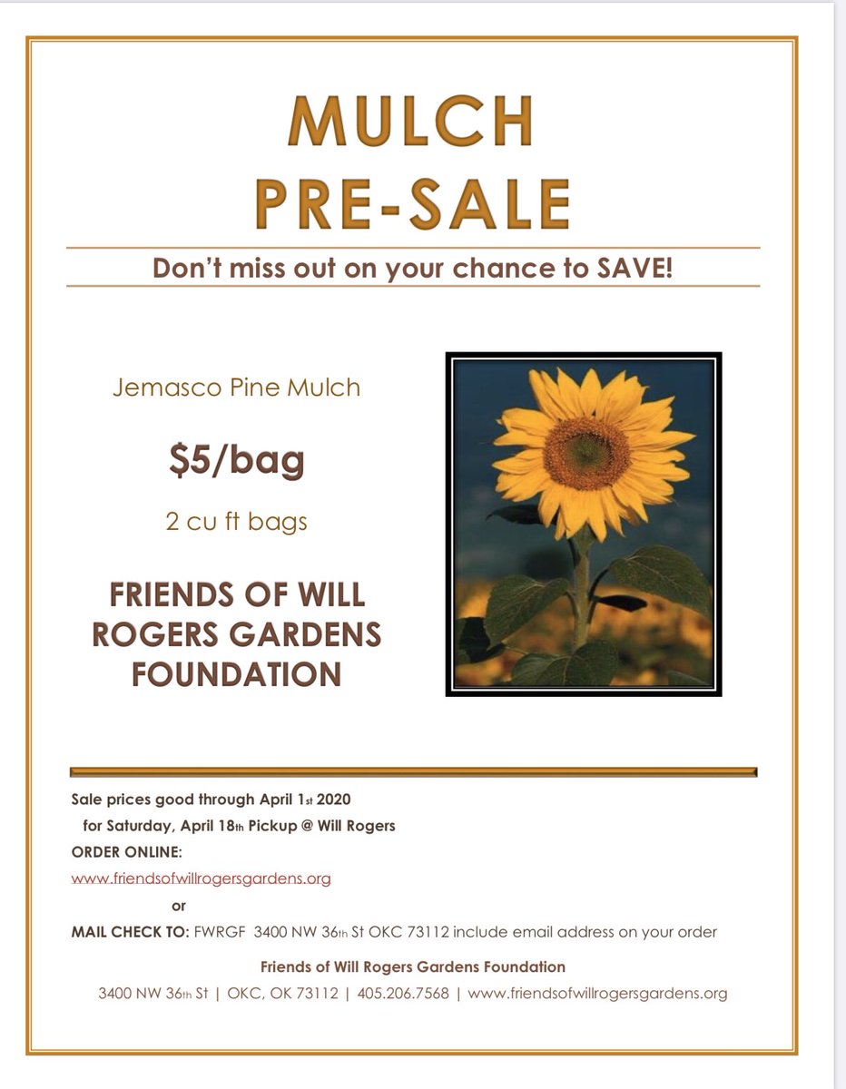 Planning your garden beds? You know you will need mulch. You can pre-order Jemasco Pine Mulch on our website now through April 1st. Pickup date is Saturday April 18th at Will Rogers Gardens. friendsofwillrogersgardens.org