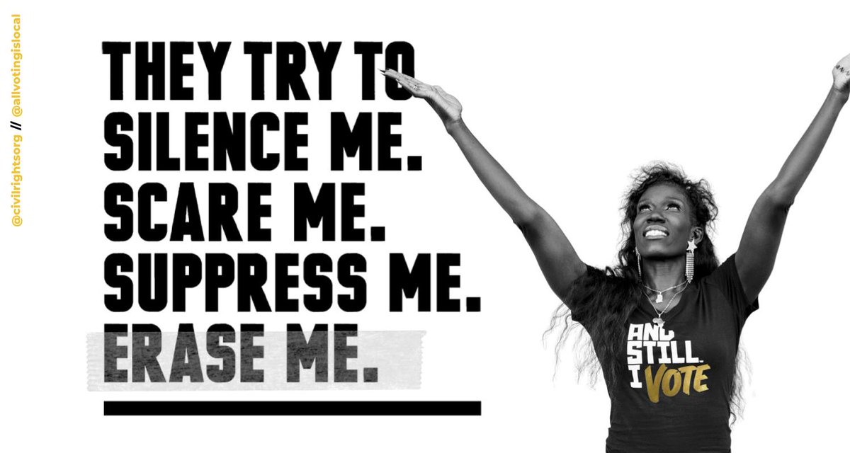 Graphic reads "They try to silence me. Scare me. Suppress me. Erase me." On the right side, a woman wears a t-shirt that reads "AND STILL I VOTE," which is the name of our campaign that the graphic is promoting.