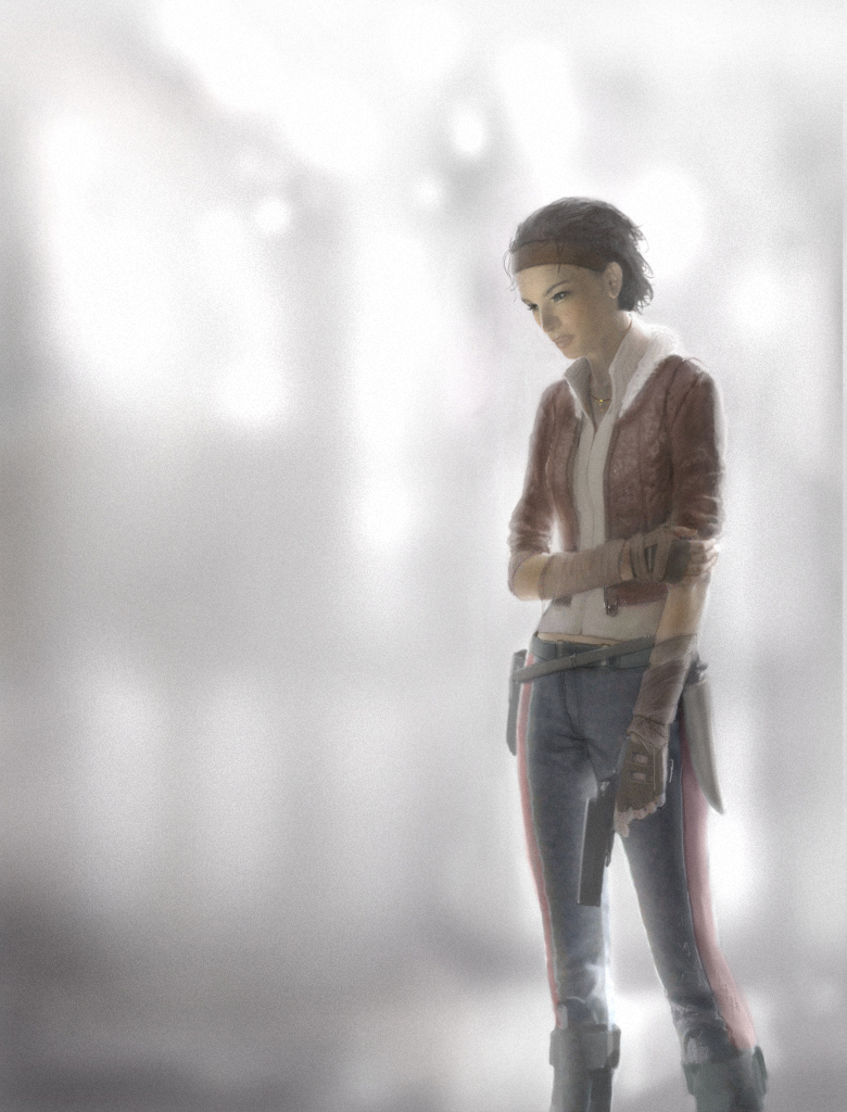 dhabiheng's tweet photo. From the archives, first stab at HL2 promo art that we felt wasn't the right mood for Alyx. Used this somber tone for the Gordon street pic instead and gave her more power in the Alyx/Gordon shot.  She seemed too chic here too, hence the duct tape/hoodie added to the final. https://t.co/bWZKi02maT