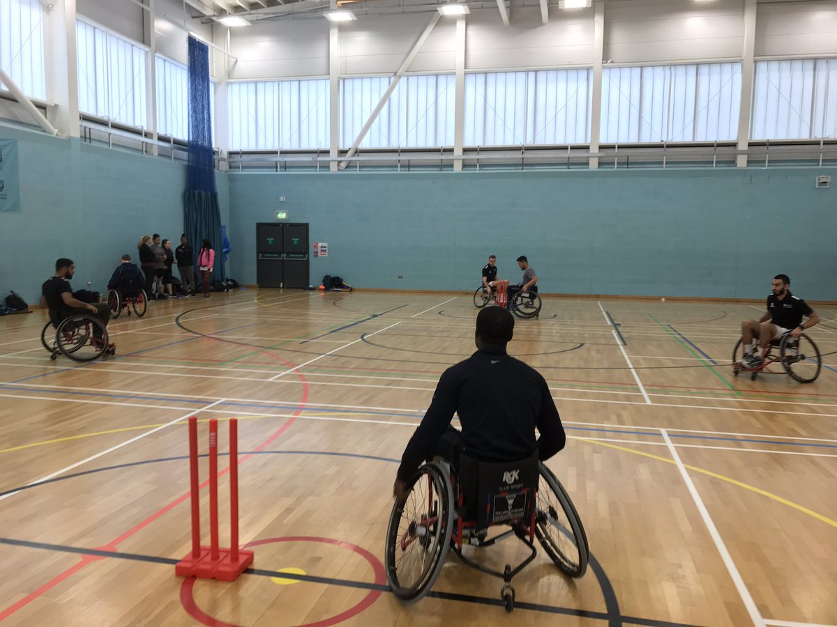EssexCCB's tweet photo. Great session with PGCE students at UEL showing them the basics of wheelchair cricket. Thanks to @UELSportsDock and @UKWCricket for support. Great to see the students learning a new sport and enjoying the experience. Good luck for the rest of your studies #EssexAbilityCricket https://t.co/vNc5qXi29S