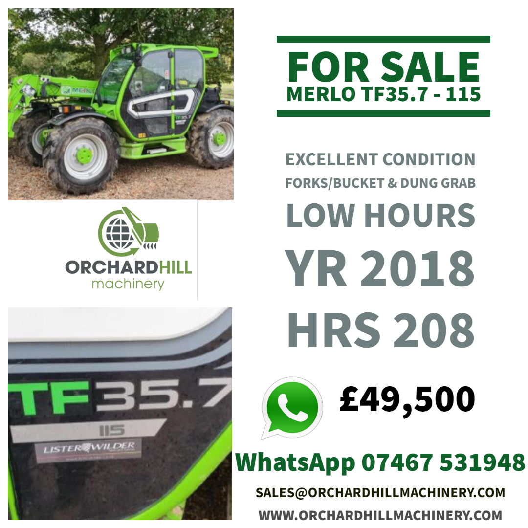 *** FOR SALE Merlo TF35.7 - 115 ***

Excellent condition Forks/Bucket &amp; Dung grab
Low hours/Air con /Boom suspension/40KPH box 
Rear pick up hitch/Year:2018/Hours:208

 email sales@orchardhillmachinery.com 
Whatsapp 07467 531948

#MERLO
#machineryforsale
