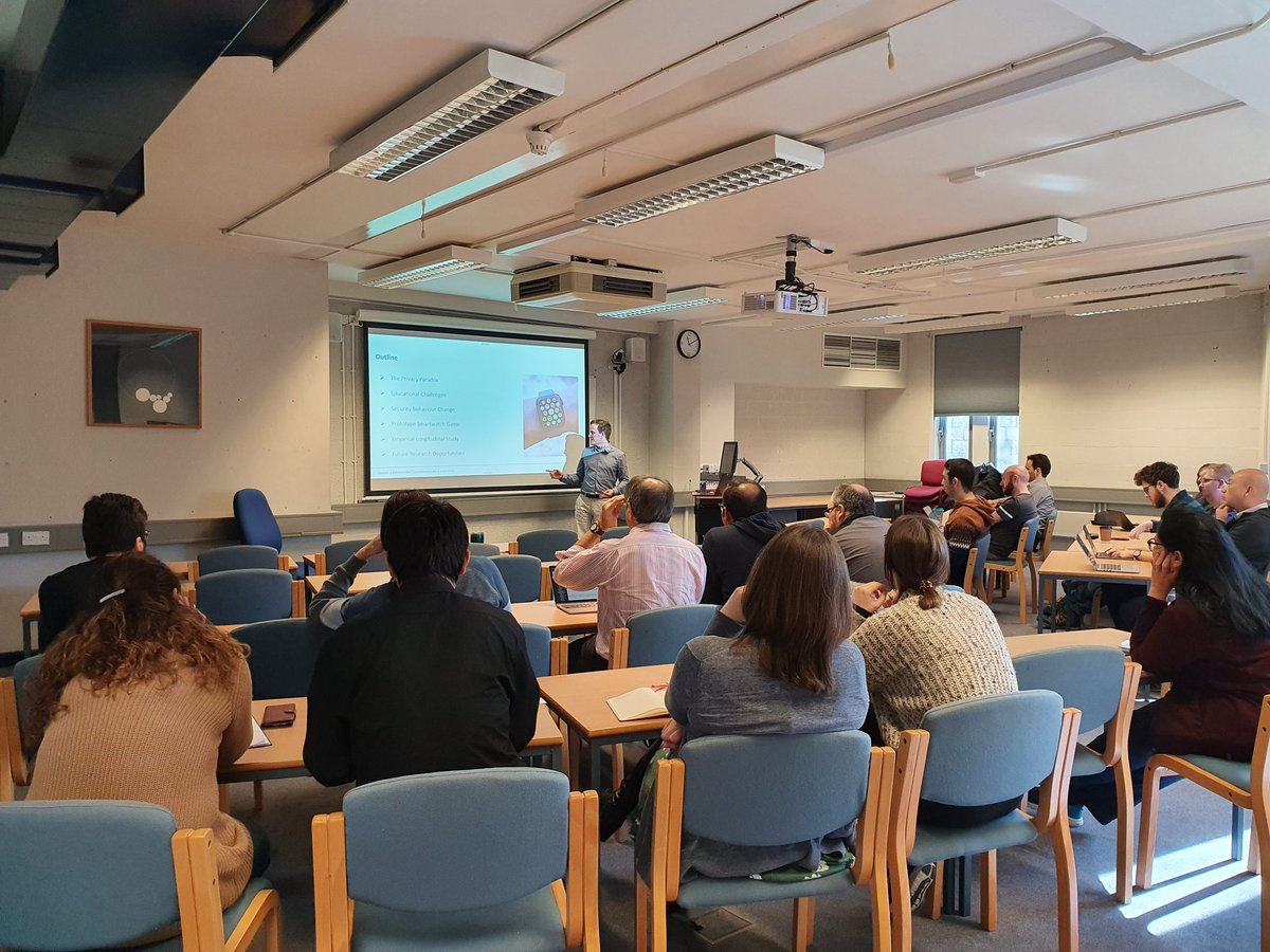 Great to have the pleasure of hosting #research collaborator, <a href="/DrMeredyddWllms/">Dr Meredydd Williams</a> from @RokeManor, for his talk, "Right on time: Changing #security #behaviour through #smartwatch #games"!

Follow up links: sciencedirect.com/science/articl… &amp; 
sciencedirect.com/science/articl… #IoT #privacy <a href="/jasonnurse/">Jason R.C. Nurse</a>