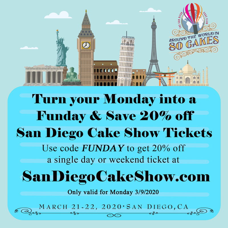 sdcakeshow's tweet photo. FUNDAY MONDAY

20% of your GA tickets

Get your tickets now
https://t.co/GeY9Ui4TDz https://t.co/3sIhPkIdQW