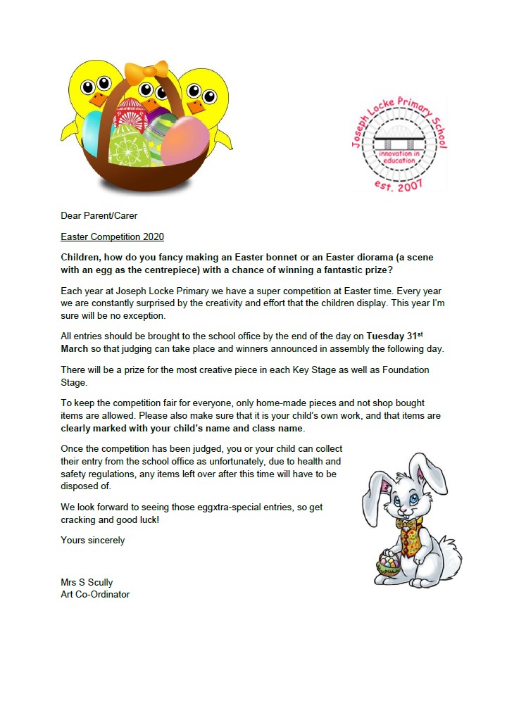 JosephLockePS's tweet photo. Please see attached letter with regards to this year's Easter competition. Any entries need to be handed in by Tuesday 31st March to be judged #itscompetitiontime #easteriscoming https://t.co/2uUKV5OWLc