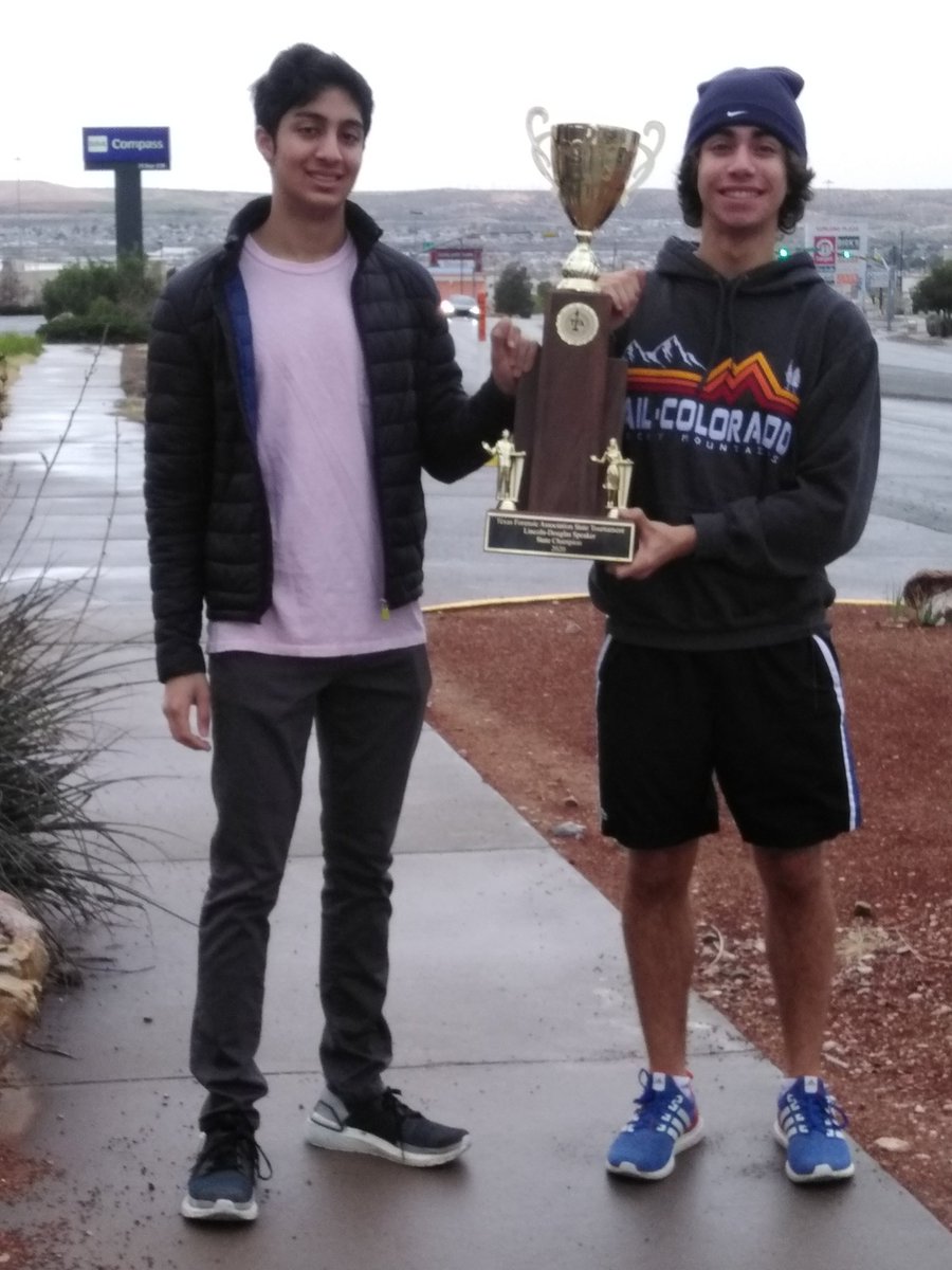 DebateEsd's tweet photo. Congrats to Zan '20 for becoming ESD's 1st ever Speaker State Champion in Lincoln Douglas at TFA States in El Paso this past weekend.  Zan and Paco '22 won a combined 9 of their 13 rounds at states by debating on the justness of predictive policing.  Go Eagles! @EpiscopalDallas https://t.co/NVgHExL8UX