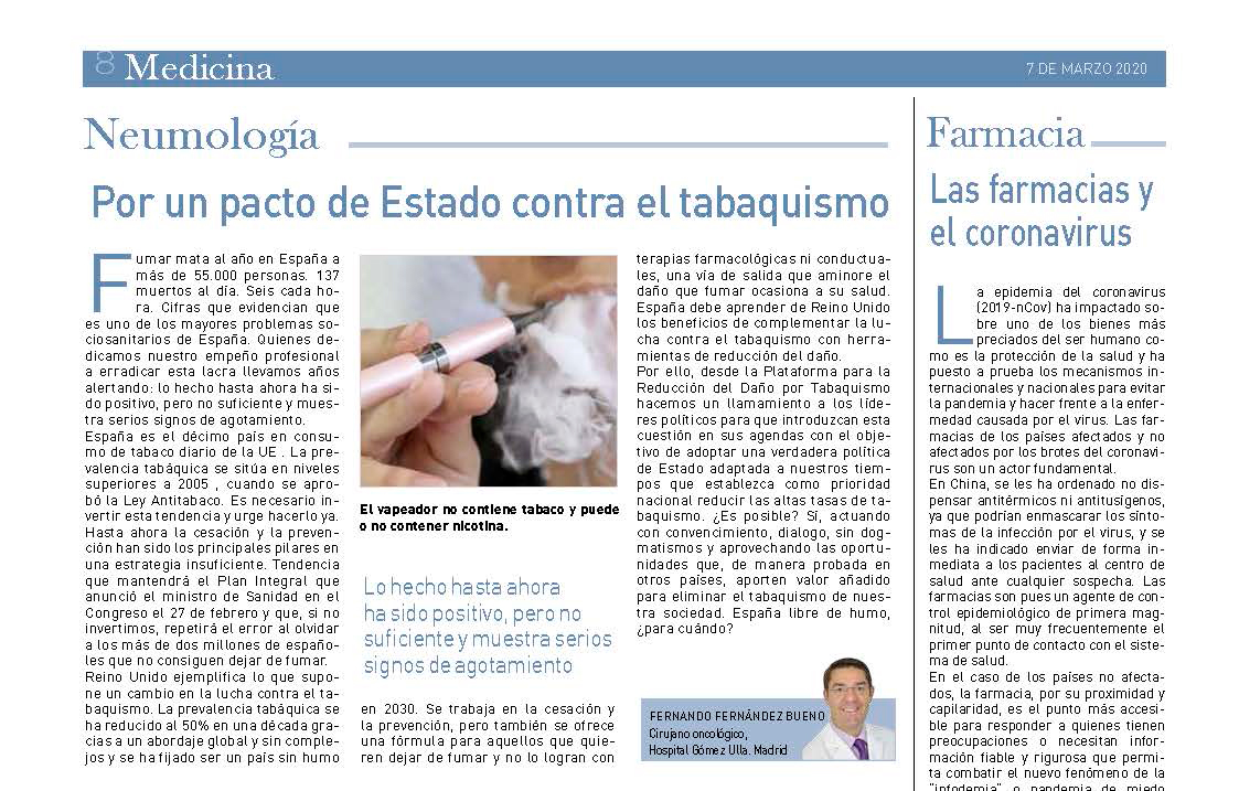 PRDTabaquismo's tweet photo. Os dejamos este artículo de nuestro portavoz, @fernandezbueno, que publicó el suplemento Medicina de @el_pais el pasado sábado: 'Por un pacto de Estado contra el tabaquismo'. #AltoyClaro #Salud #Vapeo https://t.co/pbIXy8TA7G