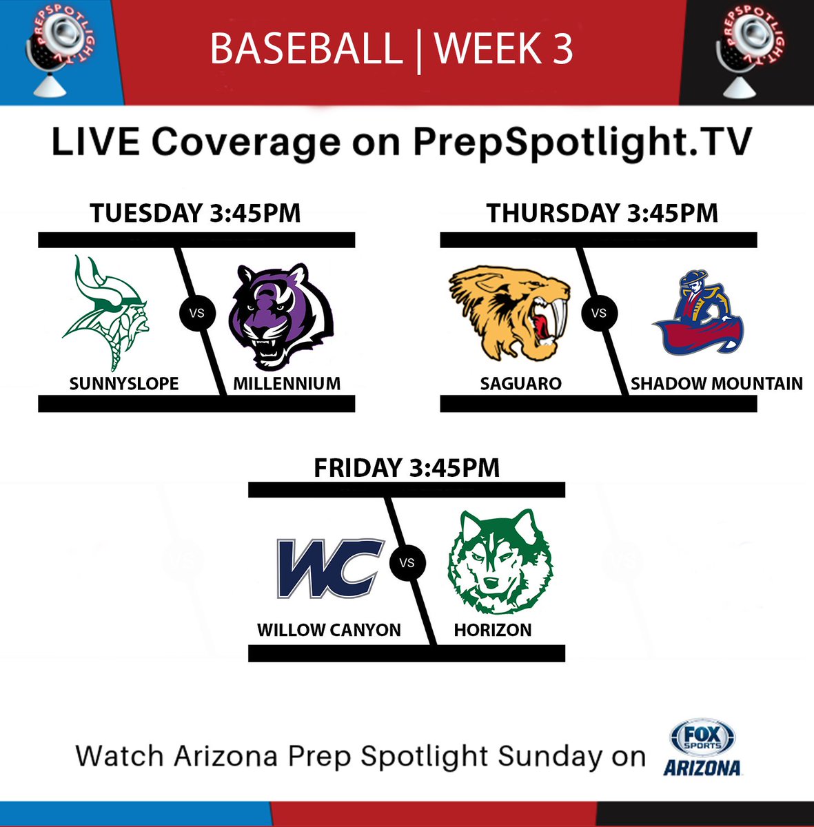 NSPNarizona's tweet photo. This week in Arizona High School Baseball!

We Spotlight the reigning 5A Champions on Friday...

Plus two tight games between the 2019 No. 6 and 7 in 5A, with a No. 7 vs. No. 9 in 4A!

Catch all of the action LIVE and for FREE on https://t.co/pOipajlece! https://t.co/grxnW0Viwy