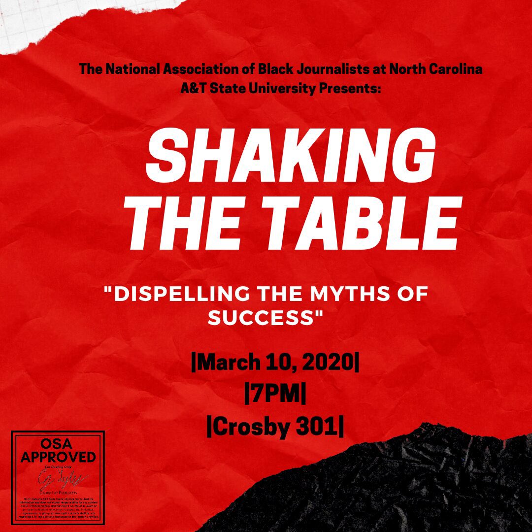 NCAT_NABJ's tweet photo. We hope everyone enjoyed their spring break!

Tomorrow evening we will be having our program “Shaking the Table” where we will have an open discussion about myths surrounding college and post-grad life. .

We hope to see you there! #NCAT https://t.co/qznxyMdrBF