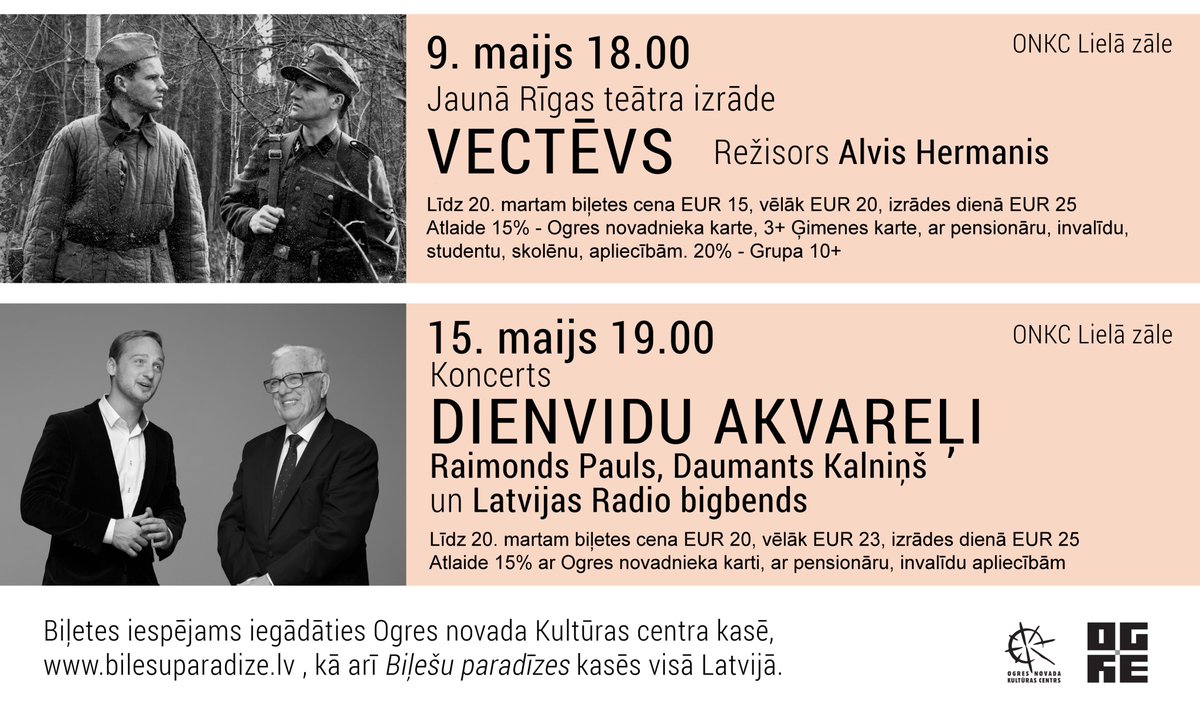 10.martā sāksim biļešu iepriekšpārdošanu uz #JRT izrādi "Vectēvs" (9.maijā) un koncertu "Dienvidu akvareļi" ar Latvijas Radio bigbenda Maestro R.Paula un Daumanta Kalniņa piedalīšanos. Biļetes - Biļešu Paradīzē un ONKC kasē. Vairāk informācijas: okultura.lv
