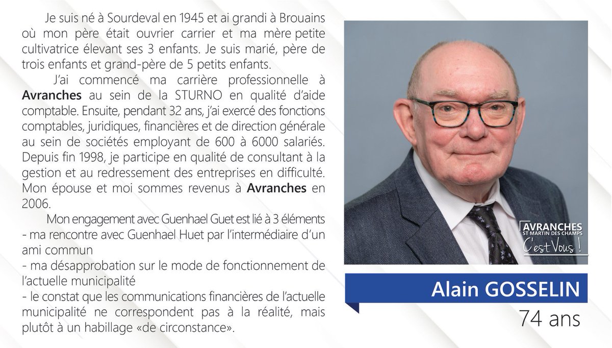 AvranchesC's tweet photo. Présentation de Alain Gosselin, membre de la liste Avranches - Saint Martin Des Champs c'est vous

#Election2020 #Municipales2020  #avranches #saintmartindeschamps #avranchessaintmartincestvous #manche #municipalesavranches #municipalessaintmartindeschamps https://t.co/qTo1Zrcfld