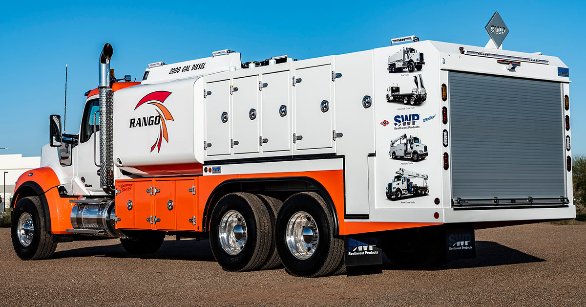 SWProducts's tweet photo. Fresh off the production line, this SWP 2000 Gallon Fuel and Lube Truck was built on the latest #Kenworth #W990 chassis for #Rango Inc, a leading contractor based in Arizona. See it at #ConExpo2020, South Hall 2 - S64729 in the SWP booth. See you there! https://t.co/9iZi46XWGg