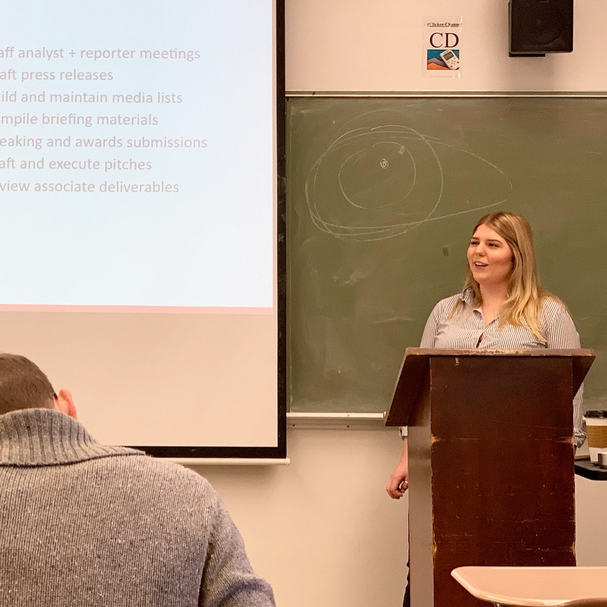 JanellBauer's tweet photo. Katelyn Martin (‘18) is back on campus talking to @chicojourpr PR majors about her experience at OutCast. #TGCPR #chicostate #publicrelations https://t.co/L5B4k0Au7X