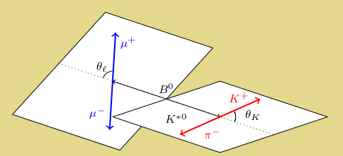 What do I mean with patterns? If you take one of such decays, B→Kπμμ, you have a B meson decaying to a kaon (with a strange quark), a light pion and two muons. You can describe that decay with 3 angles and two masses. (the angle between the planes is not indicated.)