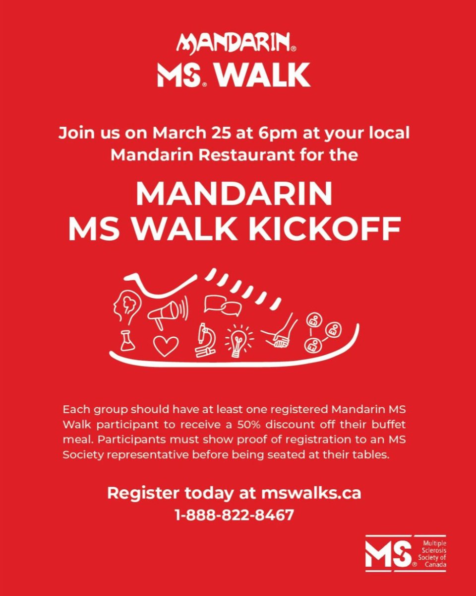 Join us at your local Mandarin restaurant on March 25th for 50% off your buffet meal! All you have to do is register for the MS Walk before March 25th! Register at mswalks.ca or call us for more information. See you on March 25th &amp; May 3rd! <a href="/eatmandarin/">eatmandarin</a>