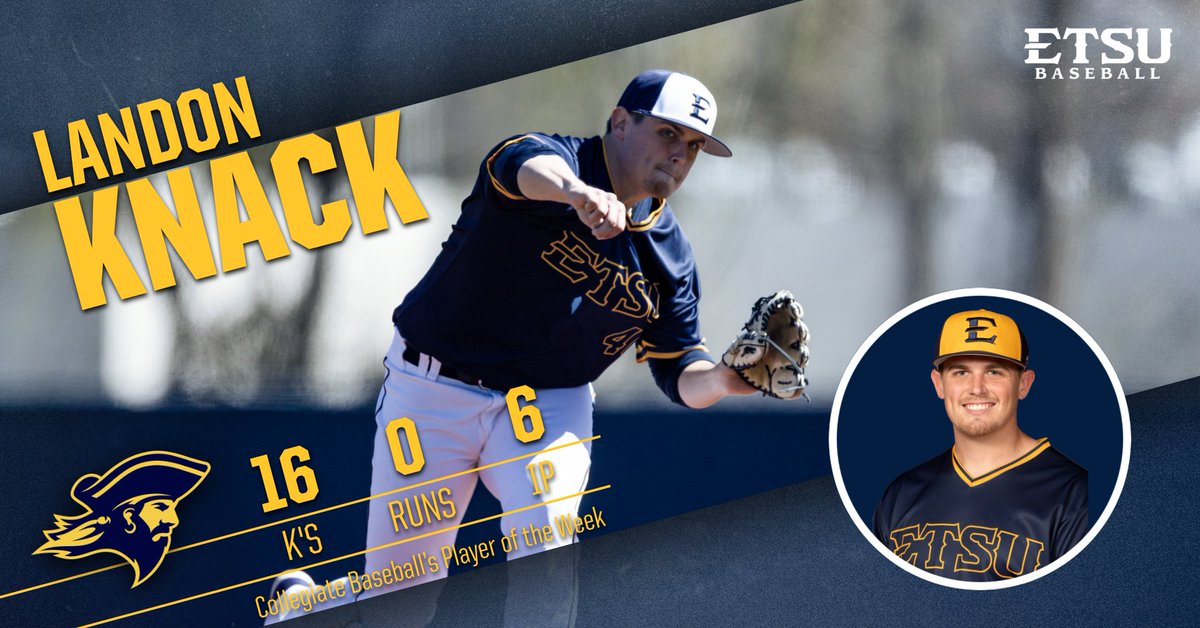 ETSU_Baseball's tweet photo. When you strikeout 16 batters in six innings, people notice 👀

Congratulations to Landon Knack on being named one of Collegiate Baseball's Players of the Week! 

#ETSUTough https://t.co/t8BzIycAMX