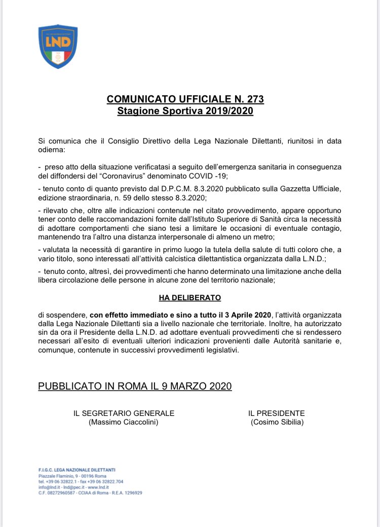 ASDViggianello's tweet photo. Con il C.U. nº 273 del 09/03/20 il C.D. della LND ha deliberato di sospendere, con effetto immediato e sino a tutto il 03/04/20, l’attività organizzata dalla Lega Nazionale Dilettanti sia a livello nazionale che territoriale.

https://t.co/WLCgCL4P7X

#ASDV10th #ComeOnGialloverdi https://t.co/5R7i9Prv1k