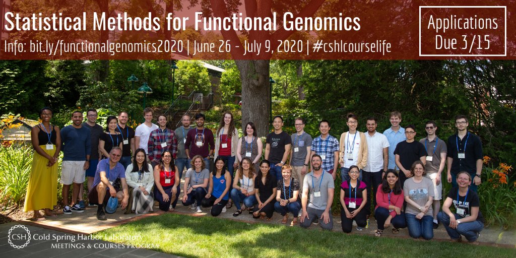 cshlcourses's tweet image. LAST CALL for applications!
#StatisticalMethods for #FunctionalGenomics (6/26-7/9)
Instructors: Vince Carey, @seandavis12, @keegankorthauer, @mikelove &amp;amp; Tomas Rube
Apply by 3/15: bit.ly/functionalgeno…
Free to apply; Financial aid available
#rlanguage #bigdata