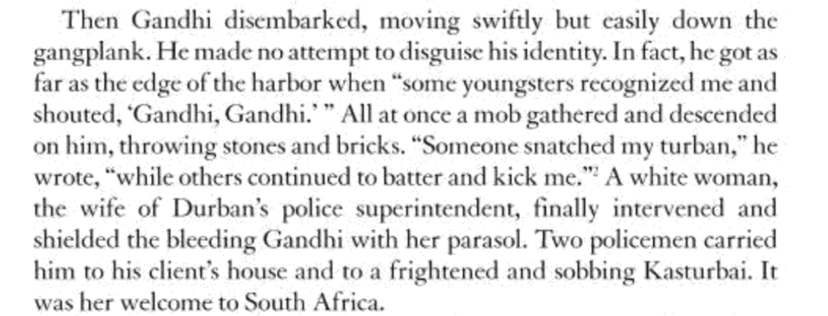 "hang old gandhi on the sour apple tree" the anglos shouted as he came back. a mob caught him and pelted him with bricks, snatched his turban and kicked him on the floor until he was saved by a good samaritan