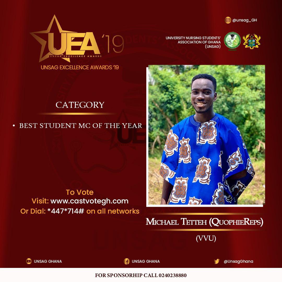 vvualumni's tweet photo. LET’S DO THIS AGAIN‼
MICHAEL TETTEH AGO, A NURSING STUDENT OF OUR UNIVERSITY HAS BEEN NOMINATED FOR AN AWARD IN THE *BEST STUDENT MC* CATEGORY OF THIS YEAR’S UNSAG EXCELLENCE AWARDS.
HIS NOMINATION CODE IS *708*.
OTHER DETAILS CAN BE FOUND OF THE FLYERS ATTACHED TO THIS POST. https://t.co/nUKRK2HJuE