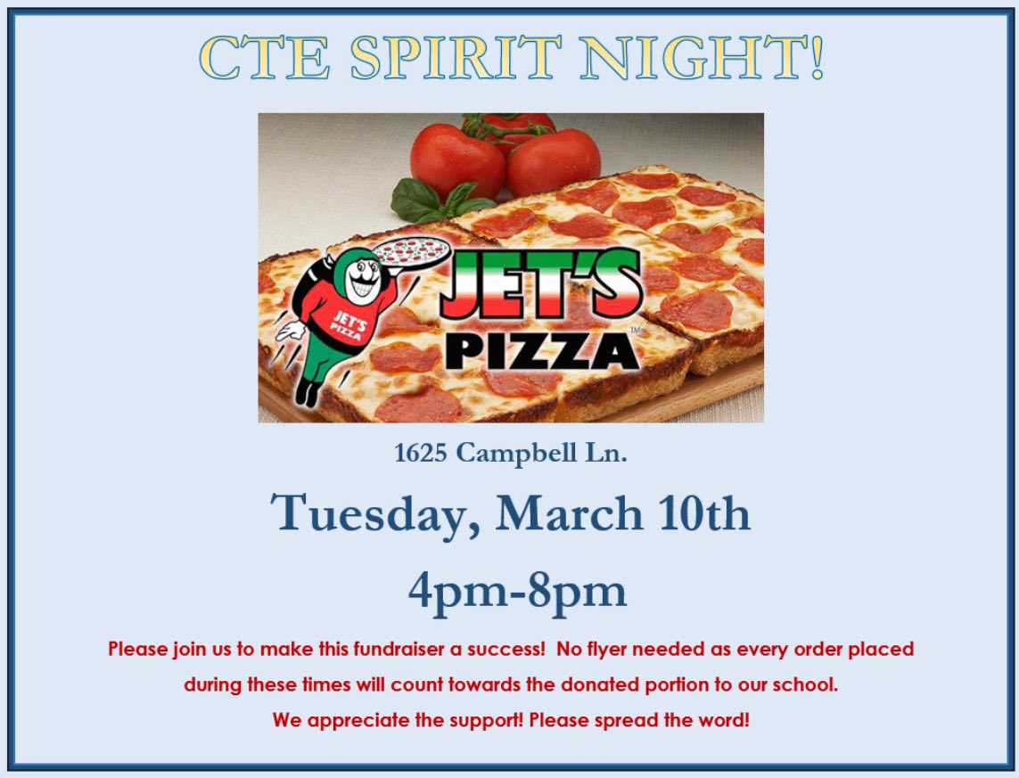 Tomorrow night (Tuesday) make a dinner date for Jet’s Pizza!