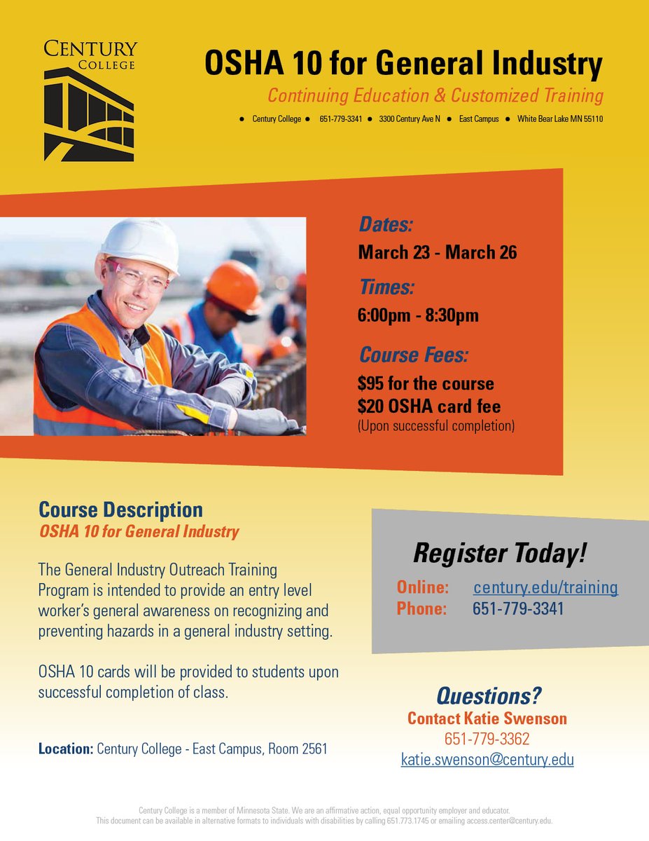 CenturyCECT's tweet photo. @CenturyCollege is now offering OSHA 10 for General Industry! The course begins in TWO WEEKS!
Register TODAY!
https://t.co/BnTDZhKehS
#centurycollege #osha10 #osha10training #generalindustry #manufacturingclasses #highereducation @osha10training https://t.co/bLApG0HWZs