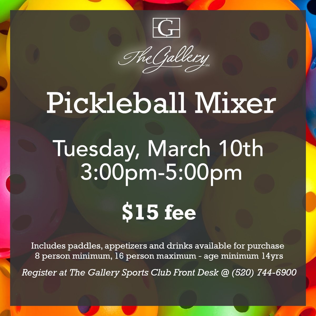 GalleryGolfClub's tweet photo. Join us for the Pickleball Mixer tomorrow from 3pm-5pm. $15 fee, includes appetizers. Drinks will be available for purchase. Register at the front desk, or call 520-744-6900 https://t.co/acJls4v91A
