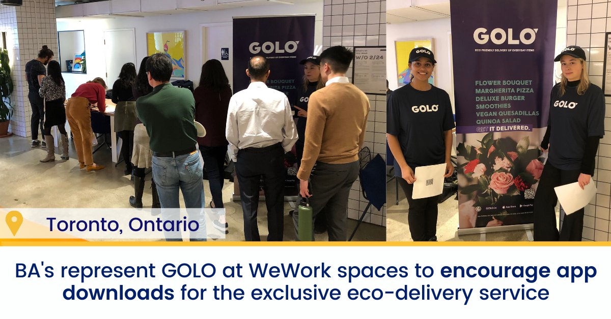 FerventEvents's tweet image. Over the next 6-weeks, our #BrandAmbassadors are raising #awareness of GOLO to increase app downloads from those working in #Toronto #WeWork spaces! GOLO is an eco-delivery service app that has partnered with WeWork spaces in #Toronto to provide low delivery fees &amp;amp; deals.
