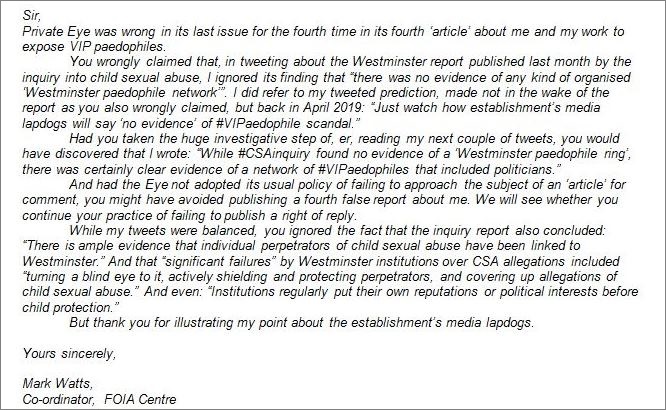 MarkWatts_1's tweet photo. Another poke in the Eye… 

Private Eye wrong yet again… 

My letter to Ian Hislop, editor of Private Eye. Having failed again to seek comment in advance of publishing an ‘article’, we will see whether it also fails again to give a right of reply. https://t.co/xQSs5Aoaoh