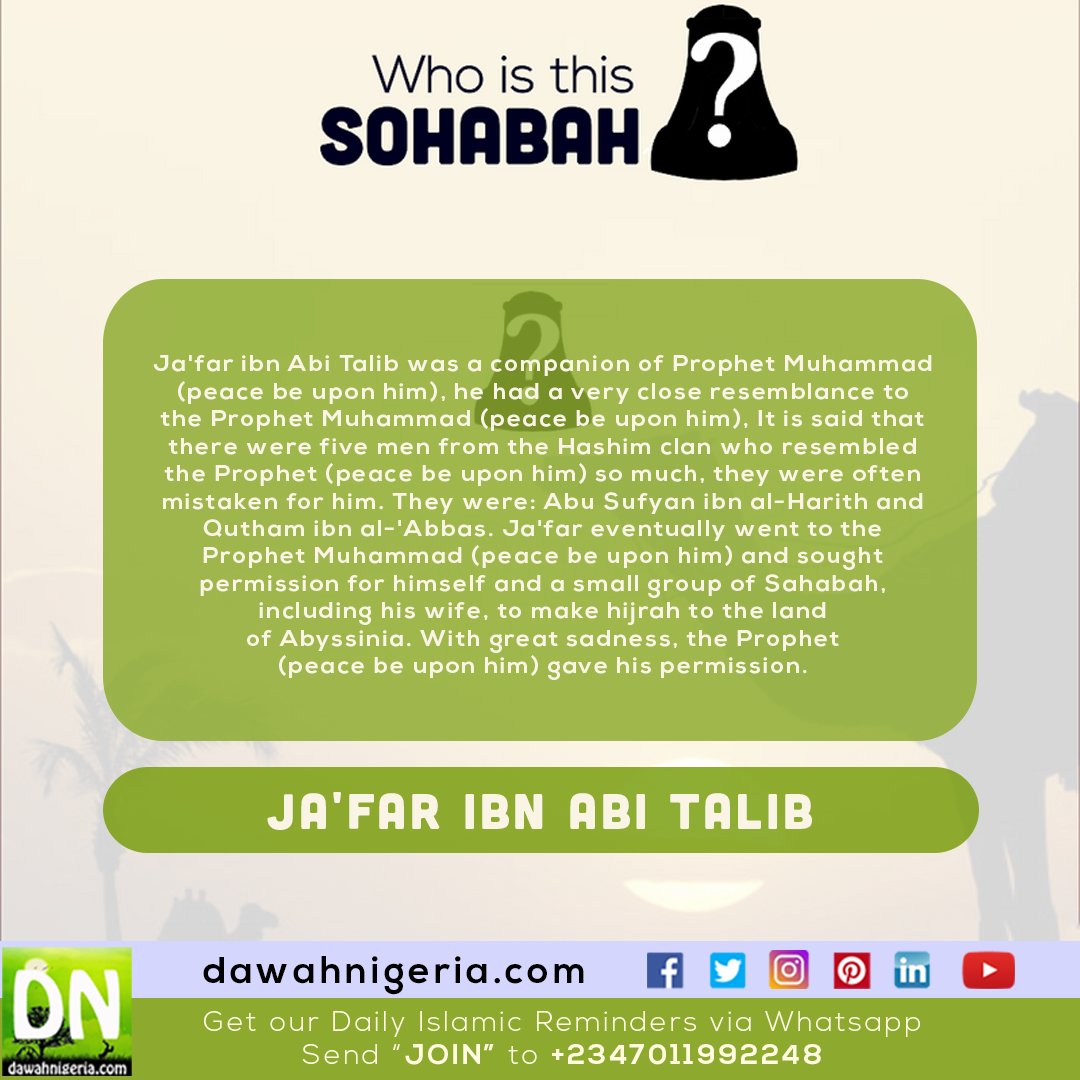 dawahnigeria's tweet photo. Ja'far ibn Abi Talib
Ja'far ibn Abi Talib was a companion of Prophet Muhammad (peace be upon him), he had a very close resemblance to the Prophet Muhammad (peace be upon him), It is said that there were.
#DNWITS #JafaribnAbiTalib #MondayMotivation #MondayThoughts #IslamicStrength https://t.co/jMqzWElwtE