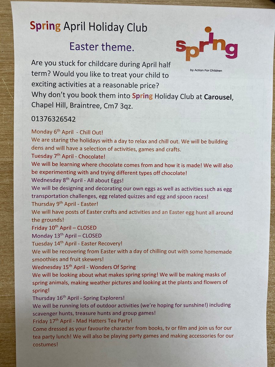 carousel_spring's tweet photo. Are you struggling for childcare during Easter half term?? Why not book your child into our holiday club and receive a 25% discount. Call 01376326542 for more information https://t.co/B7c3AHm928