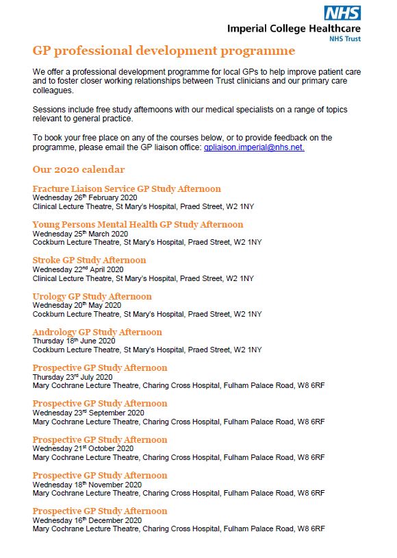 Imperial_GP's tweet photo. Please see our updated GP professional development programme schedule below. There will be more specialties added to our calendar in due course. https://t.co/U8qGLwRgEV