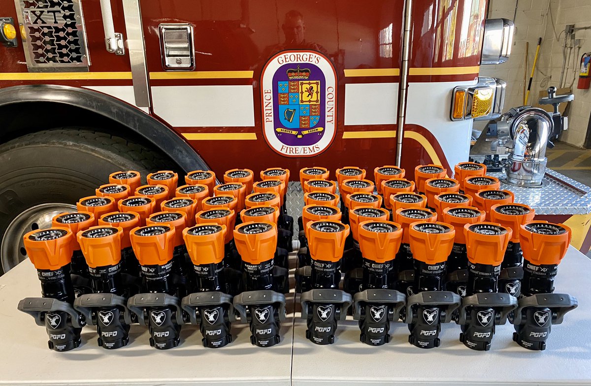 pgfdamd's tweet image. Brand new Elkhart Brass XD nozzles 50/150 fog tip and 15/16th integrated smooth bore. One of the steps being made to standardize nozzles and hoseloads across the County engines. @elkhartbrass @XDNation