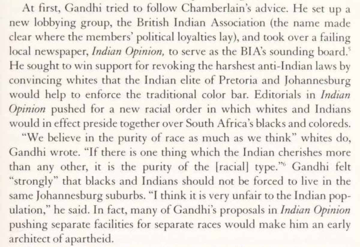 Gandhi still didn't back down, he became the head of a paper he called the "British Indian Association" & started discussing the purity of the Indian race. Gandhi said Indians & Brits should united to preside over the blacks. Gandhi was a supporter of apartheid.