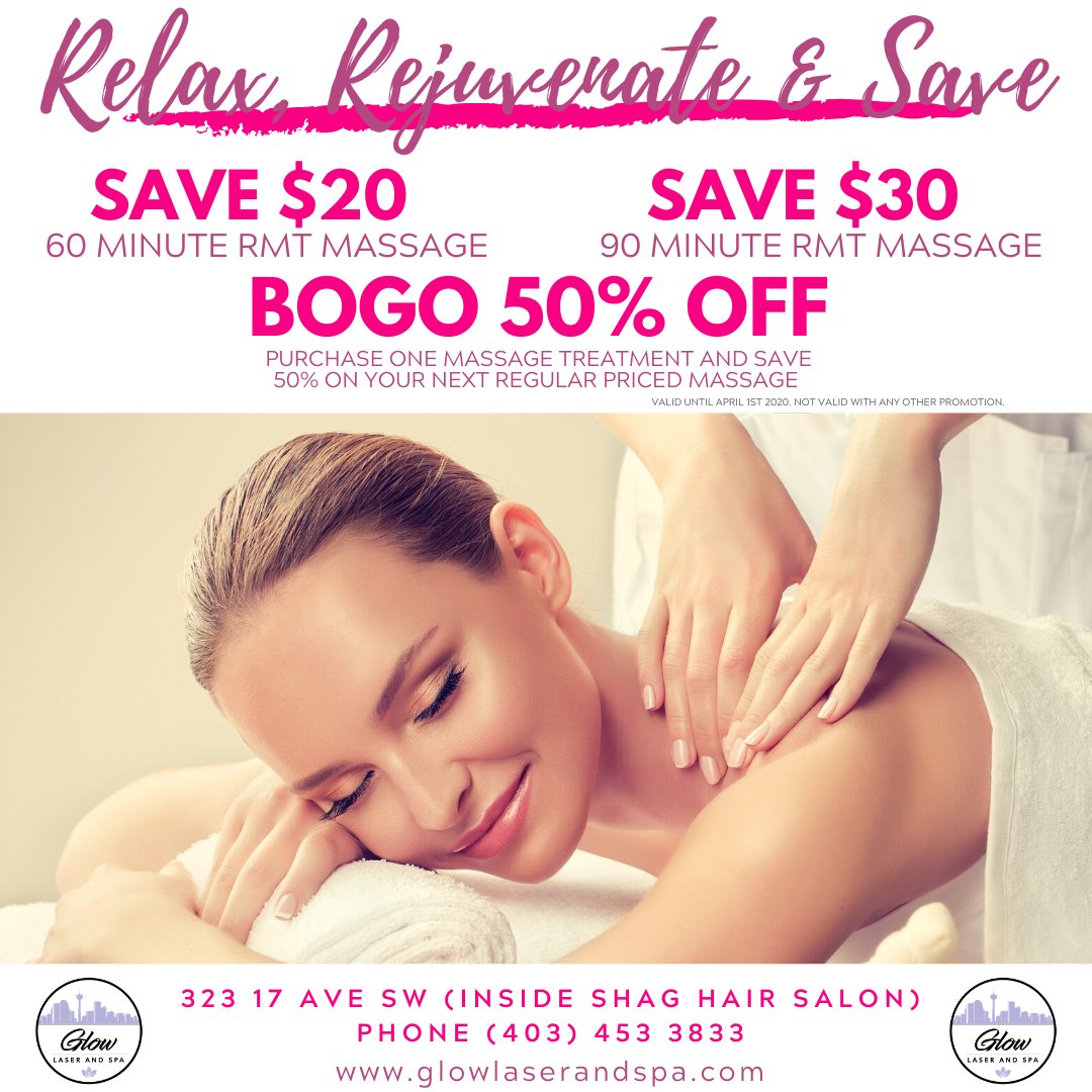 GlowLaserSpa1's tweet photo. Relax, rejuvenate &amp; save! For a limited we are offering these incredible RMT Massage promotions:

Save $20 (60 Minute Massage)
Save $30 (90 Minute Massage)
BOGO 50% OFF (Next Regular Priced Massage)

Book your appointment today, (403) 453 3833. #yyc #calgary #spa #massage #yycnow https://t.co/NIUqVUTQU4