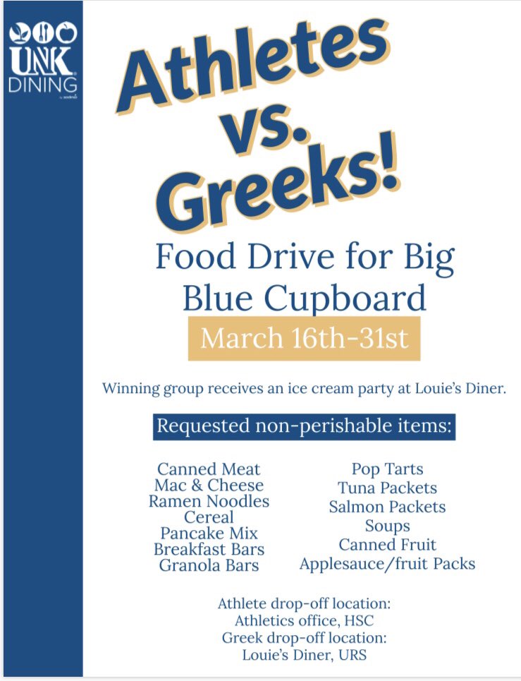 Who doesn’t love some friendly competition for a good cause?! Bring non-perishable items to Louie’s Diner starting next week to support the Big Blue Cupboard! Total items per team will be totaled to determine the winner.  <a href="/UNK_Athletics/">UNK Athletics</a>, bring it on 👊🏻