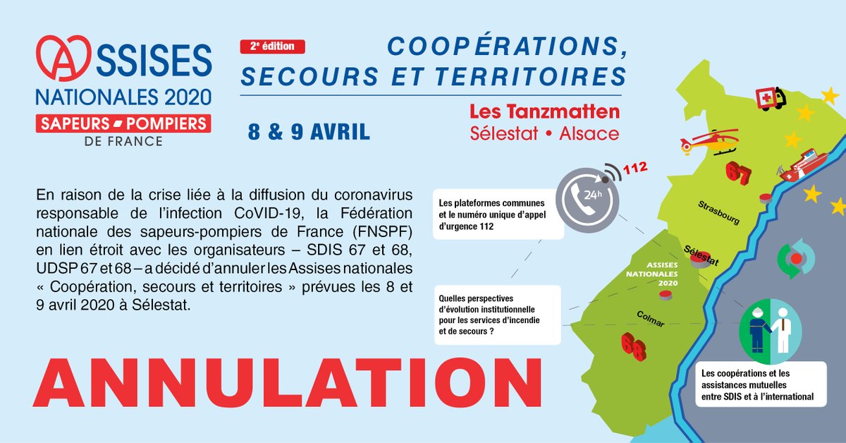 AssisesSP2020's tweet photo. En raison de la crise liée au coronavirus, la FNSPF @PompiersFR en lien étroit avec les organisateurs @sdis67 - @sdis68 - #UDSP67 et @udsp68, a décidé d'annuler les Assises nationales « Coopération, secours et territoires » prévues les 8 et 9 avril 2020 à @villedeselestat https://t.co/pCzYgjgayF