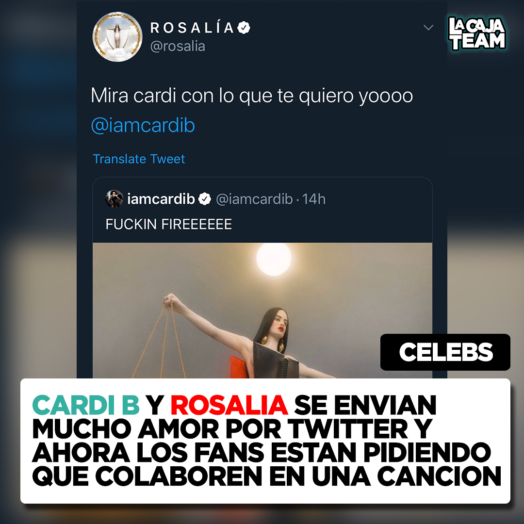 BoxNoticias's tweet photo. ¿Se imaginan esta colaboración? #CardiB comenzo enviandole mucho amor a #Rosalia por su twitter y la española respondio rapidamente. https://t.co/1diQ7sdVln