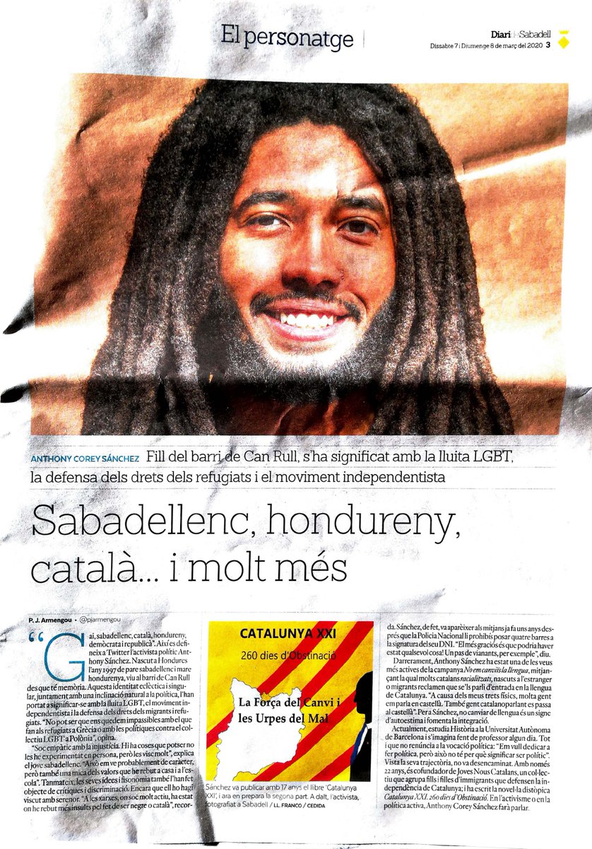 ASCHPG's tweet photo. 🇭🇳💛📙 ¡El @DiariDeSabadell dedica una plana a Anthony Corey Sànchez, @ACoreyCat, un hondureño muy catalán y autor del libro  "@Catalunya_XXI: 260 dies d'Obstinació!

🛒 https://t.co/iheXaBdf7r

#Sadadell #Catalunya #Honduras https://t.co/SEXKvN7qOb