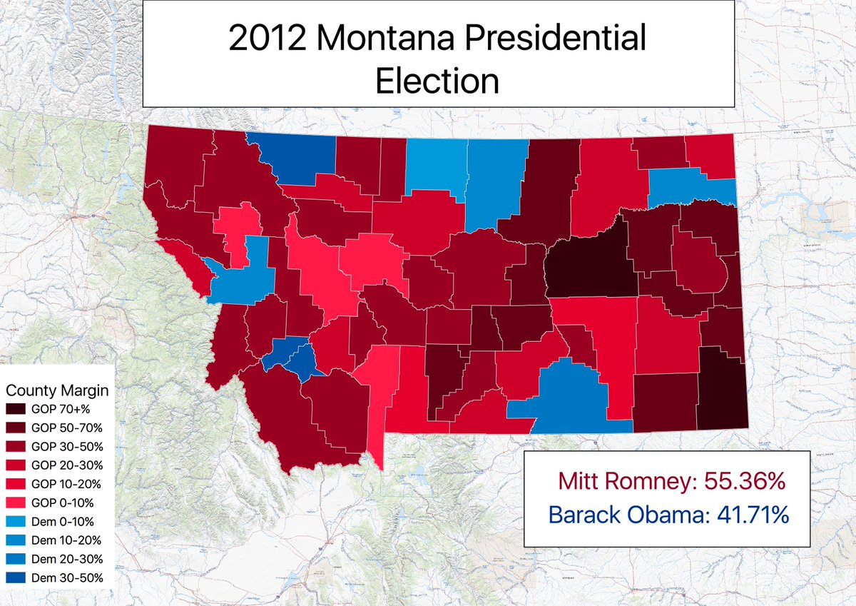 In 2012, Bullock ran for governor. He ran against Rick Hill, the former Montana representative. He didn't win Rosebud or Yellowstone counties this time, but his strength in Gallatin, Lewis & Clark, and Missoula was enough. Meanwhile, Obama lost in the presidential race by 13.6%.