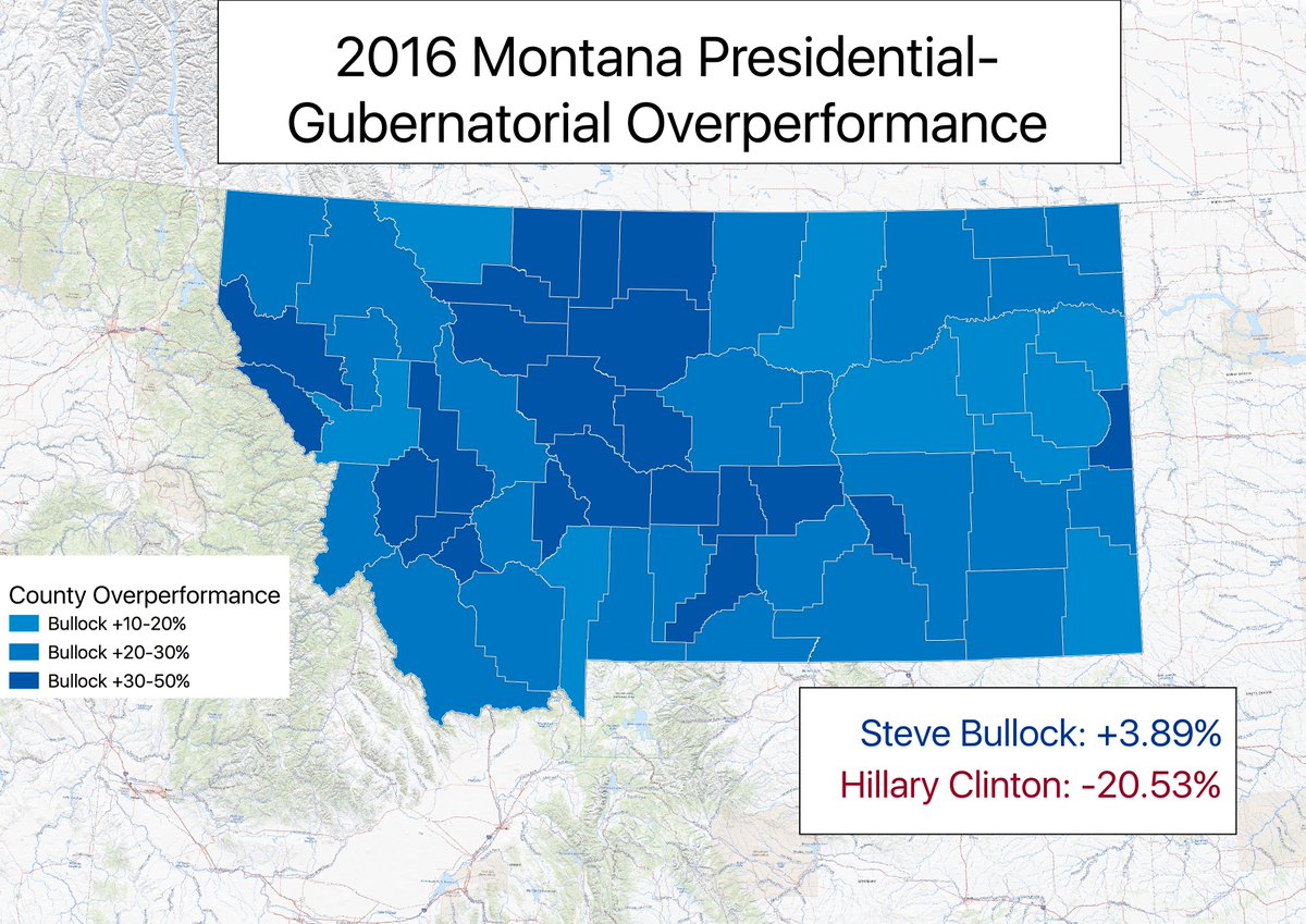 So Bullock really, really had to outrun the top of the ticket. He heavily outran Clinton in the western half of the state. His weakest overperformances were in eastern rural counties, however. Compared to his 2012 victory, he heavily improved in the West, but not the East.