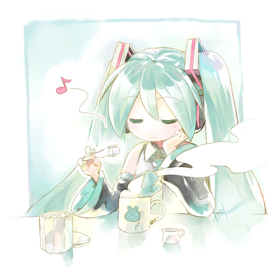 hatsune miku 1girl solo musical note long hair cup twintails closed eyes  illustration images